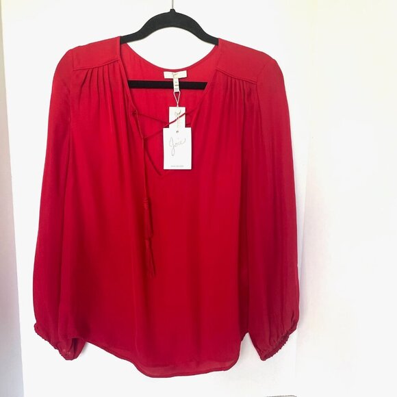 Joie Odelette Silk Top Womens Medium Red V Neck Tassel Ties Long Sleeve  Blouse - Picture 1 of 10